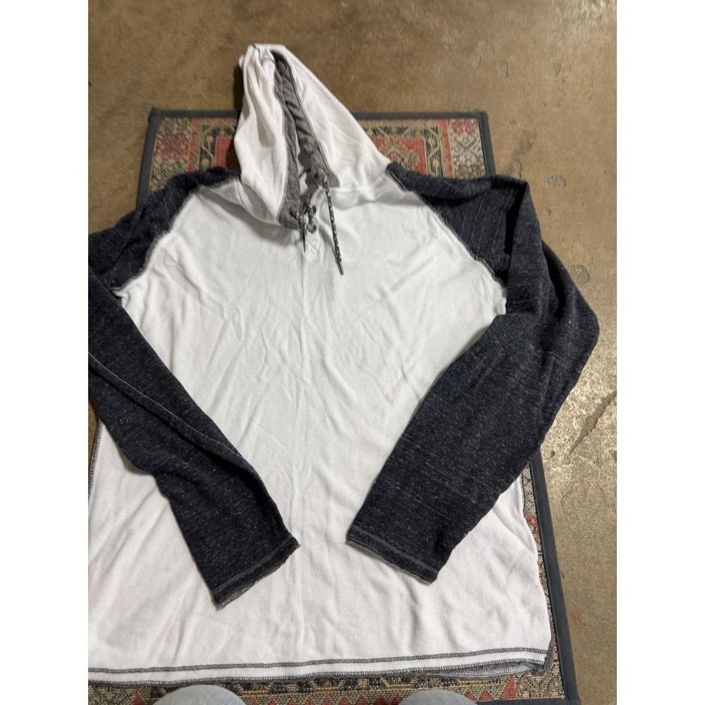 BKE Mens Thermal Waffle Knit Hoodie Raglan Sleeve Henley White Grey L